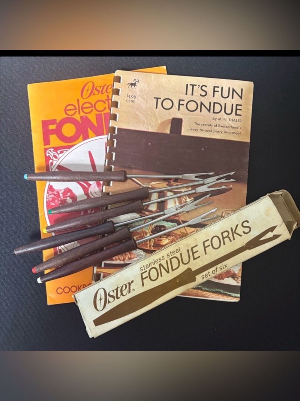 Oster Six Vintage Stainless Steel Fondue Forks & Two Fondue Cookbooks